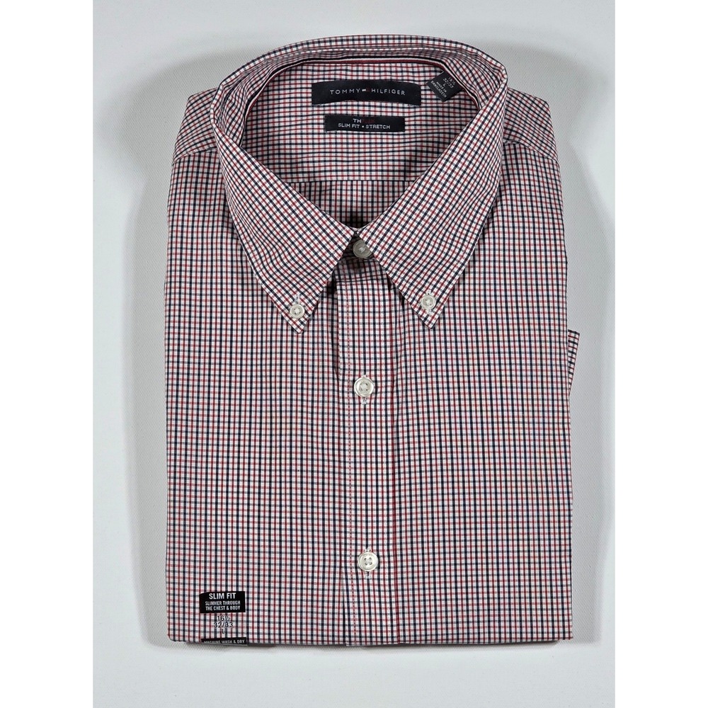 Tommy Hilfiger TH Flex Slim Fit Stretch Dress Shirt Red Check 16.5 32/33 NEW